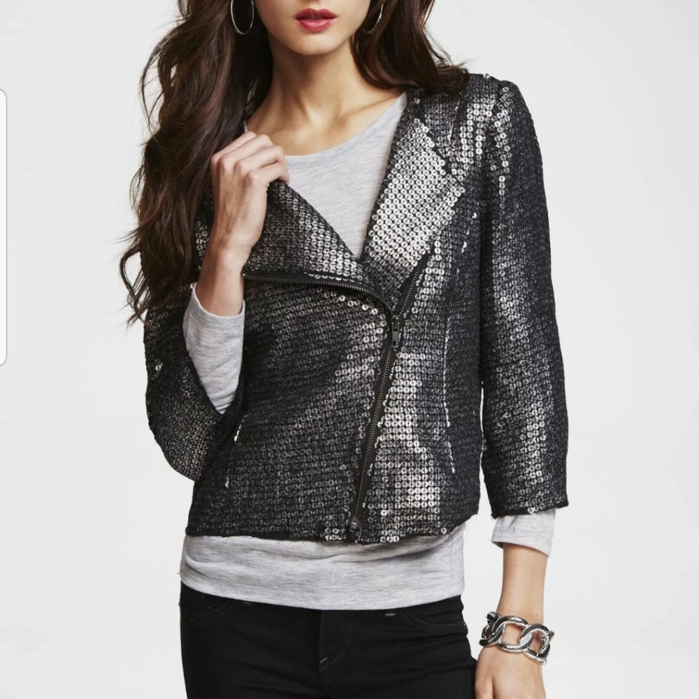 Express Black/Silver/Gray Sequin Moto Jacket